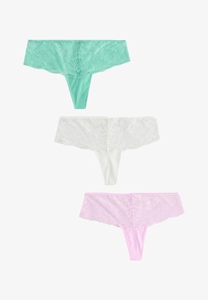 Drei Spitzen-Tangas in Grün, Weiß und Pink, vertikal auf weißem Hintergrund angeordnet.