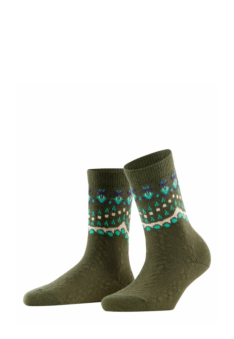 Calze verde oliva con una finitura testurizzata, caratterizzate da un motivo geometrico in blu, bianco e teal nella parte superiore.
