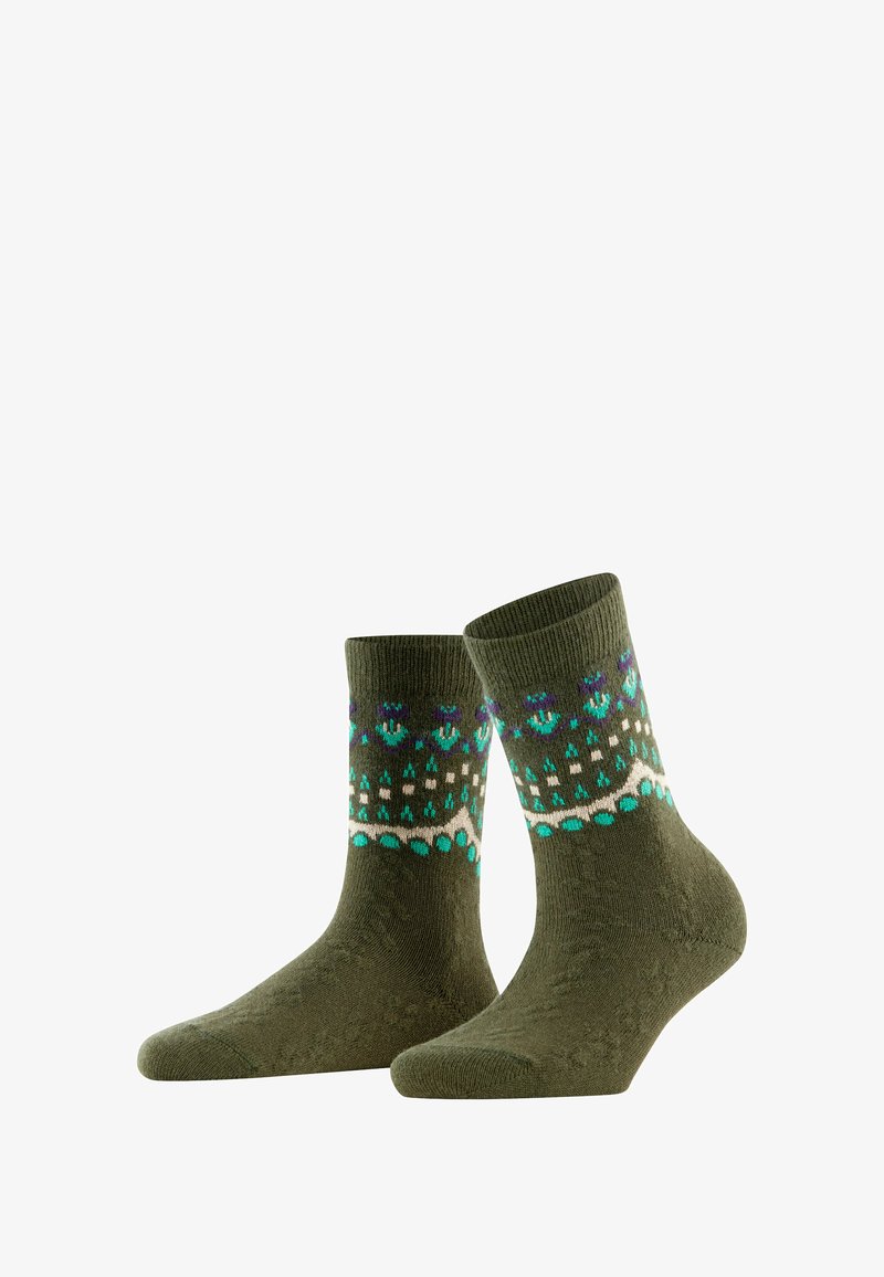 Calze verde oliva con una finitura testurizzata, caratterizzate da un motivo geometrico in blu, bianco e teal nella parte superiore.