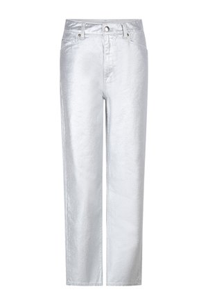 Silver metallic jeans with a straight leg design. Features five pockets, belt loops, and a button closure. Smooth texture and shiny finish.