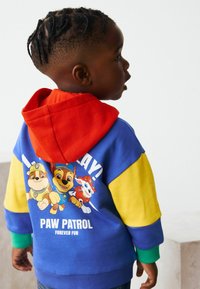 Kind mit geflochtenem Haar trägt einen bunten Paw Patrol Hoodie, auf dem Rücken sind die Charaktere Chase, Rubble und Marshall abgebildet.
