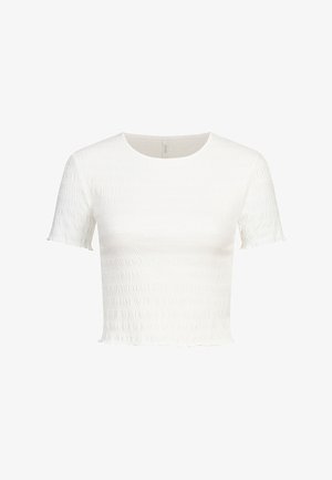 Wit cropped top met korte mouwen van textuurstof met ruches en een ronde halslijn, met subtiele gerimpelde randen op de mouwen en de zoom.