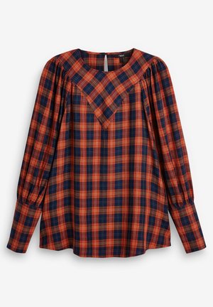 Bluzka z długim rękawem w kratę w kolorach granatowym i rdzawym pomarańczowym, z szerokim, w kształcie litery V karczkiem i marszczonymi mankietami.