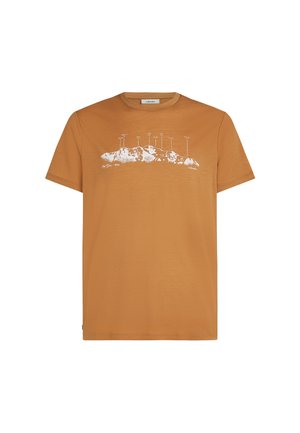 Kortærmet t-shirt i orange-brun bomuld med et hvidt bjerggrafik, der viser navngivne toppe og en afslappet pasform.