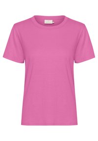 T-shirt en coton rose avec un col rond et des manches courtes. Le tissu a une texture lisse sans motifs ni accents. Étiquette de marque visible.