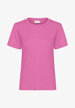 T-shirt rosa in cotone con collo girocollo e maniche corte. Il tessuto ha una consistenza liscia senza motivi o decorazioni. Etichetta del marchio visibile.