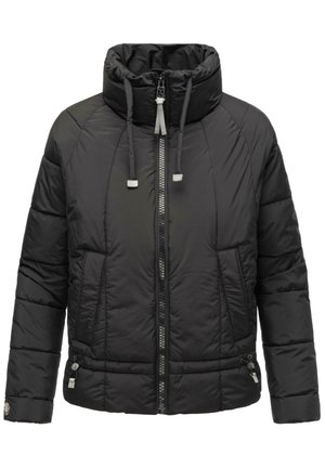 Chaqueta de plumas negra con un alto cuello, cremallera frontal y dos bolsillos laterales. Presenta paneles cosidos y cordones ajustables en el cuello.