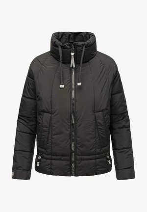 Chaqueta de plumas negra con un alto cuello, cremallera frontal y dos bolsillos laterales. Presenta paneles cosidos y cordones ajustables en el cuello.