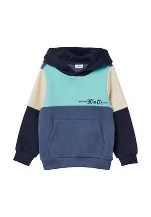 Hoodie met een multicolor ontwerp: turquoise, crème en marineblauw. Voorzien van een buidelzak en bedrukte tekst "NOORDPOOL 90°N". Van katoenmix materiaal.