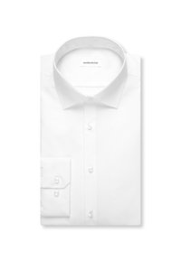 Camicia bianca piegata con colletto classico, davanti con bottoni e polsini a doppio bottone, etichettata "seidensticker" all'interno del colletto.