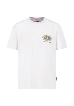 White short-sleeve crew neck t-shirt with small orange and green wave logo and text "SUMMER VIBES" on left chest.
