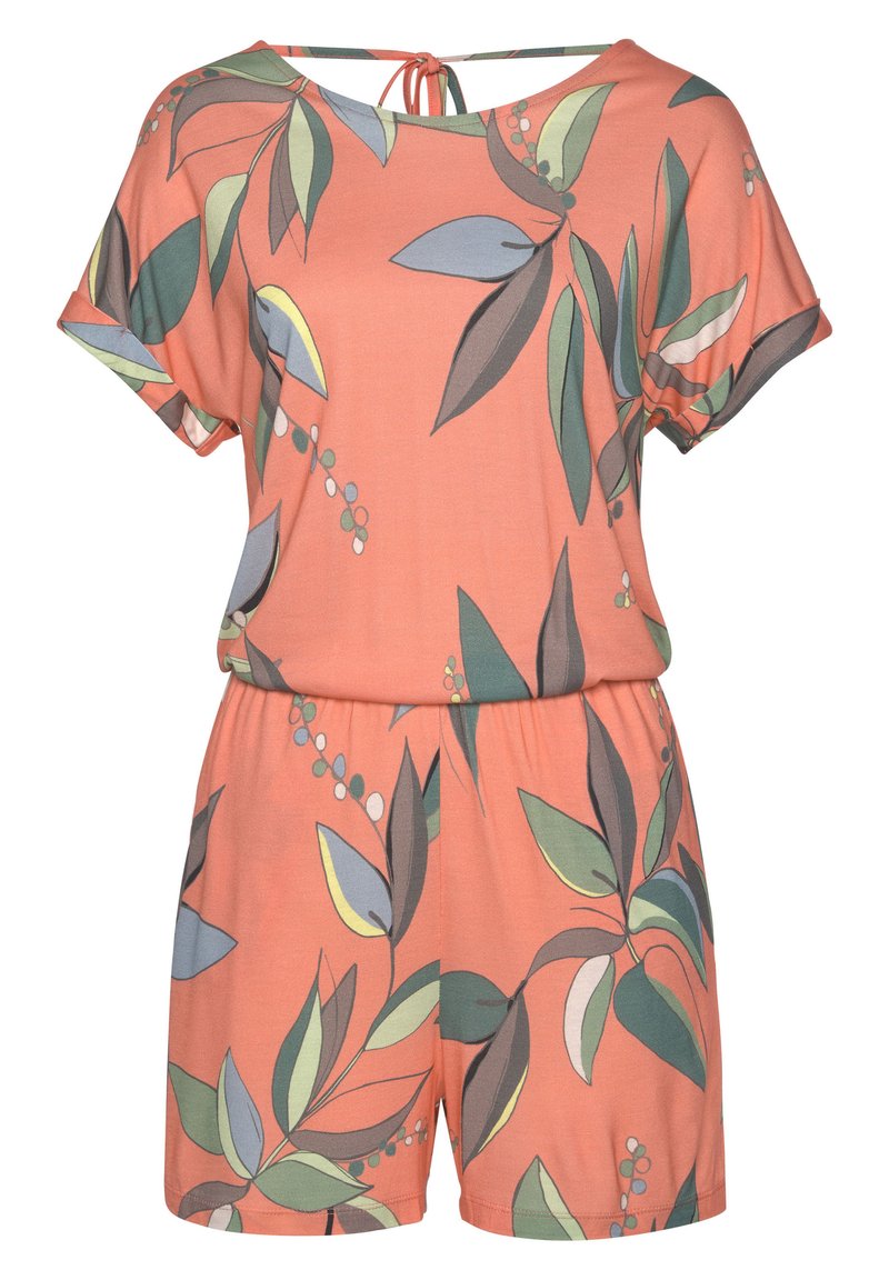 Jumpsuit floral corail, avec des manches courtes, une coupe décontractée et un détail noué dans le dos. Le tissu présente des motifs de feuilles vertes et bleues.