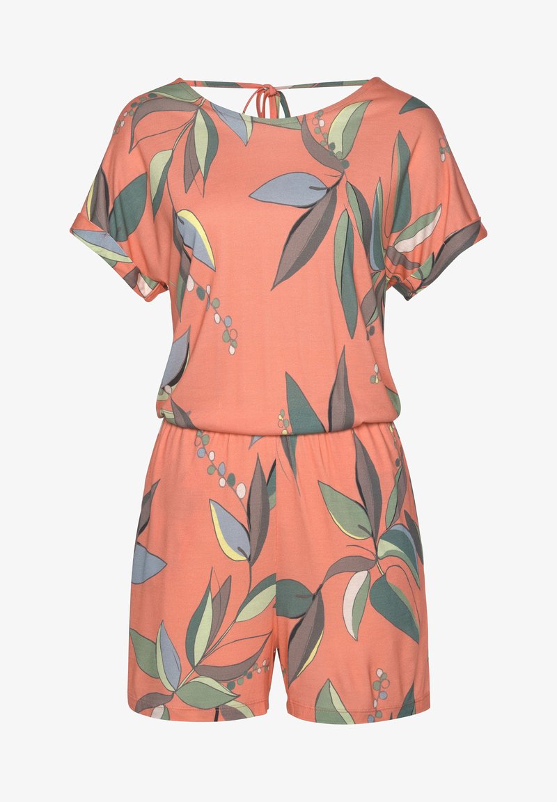 Mono corto floral en color coral, con mangas cortas, un ajuste relajado y un detalle de lazo en la espalda. La tela presenta patrones de hojas en verde y azul.