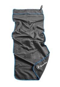Gray fabric tarp with blue edging, featuring a smooth texture and a logo at the bottom corner. Designed for versatile outdoor use.