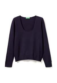 Maglione blu navy con scollatura a barchetta, maniche lunghe, polsini e orlo a coste. Presenta dettagli con bottoni sulle aperture delle maniche. Texture morbida.