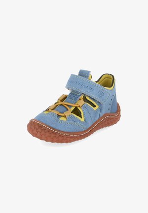 Kinderblaue und gelbe Sandale mit brauner Gummisohle, verstellbarem Klettverschluss und elastischer Schnürung für sicheren Sitz.