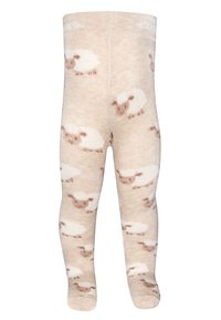 Collant beige con un motivo ripetuto di pecore bianche e marroni. Texture morbida con vita a costine e punta chiusa.