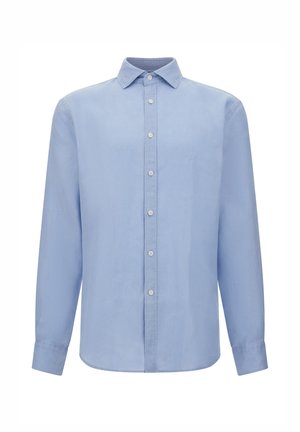 Camisa de manga larga azul claro hecha de algodón suave. Presenta un collar clásico, cierre de botones y puños con dobladillos redondeados.