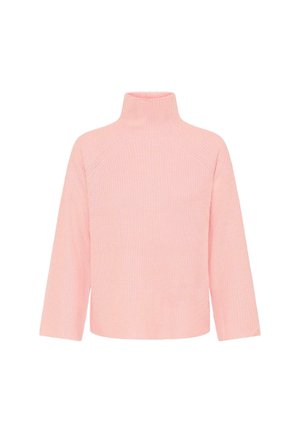 Rosa gestrickter Rollkragenpullover mit langen Ärmeln, geripptem Textur und lässiger Passform. Verfügt über einen hohen Kragen und Raglanärmel.