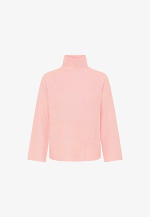 Rosa gestrickter Rollkragenpullover mit langen Ärmeln, geripptem Textur und lässiger Passform. Verfügt über einen hohen Kragen und Raglanärmel.