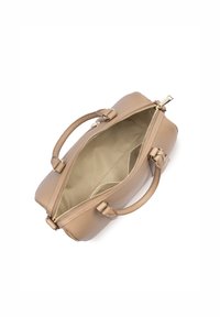 Borsa a mano in pelle color cuoio con doppi manici, chiusura con zip e una fodera interna liscia. Presenta dettagli e cuciture lungo i bordi.