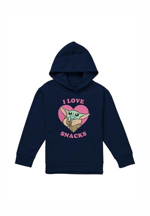 Navy blue hoodie with a cartoon green alien eating a snack inside a pink heart, text above and below reads "I love snacks."