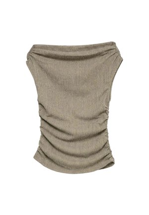 Beige strapless gerimpelde tube top met gestructureerde stof en geplooide zijkanten, ontworpen voor een aansluitende pasvorm.