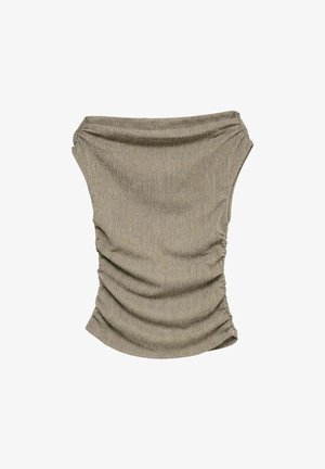 Beige stropløs rynket tube-top med tekstureret stof og sammentrukne sider, designet til et tætsiddende look.