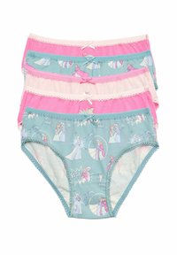 Set di quattro mutandine in cotone per bambine, nei colori rosa e blu, con stampe di personaggi dei cartoni animati, bordi in pizzo e decorazioni a fiocco sulla vita.