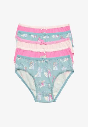 Ensemble de quatre culottes en coton pour filles, en rose et bleu, ornées d'impressions de personnages de dessins animés, de dentelle sur le bord et de noeuds décoratifs au niveau de la taille.