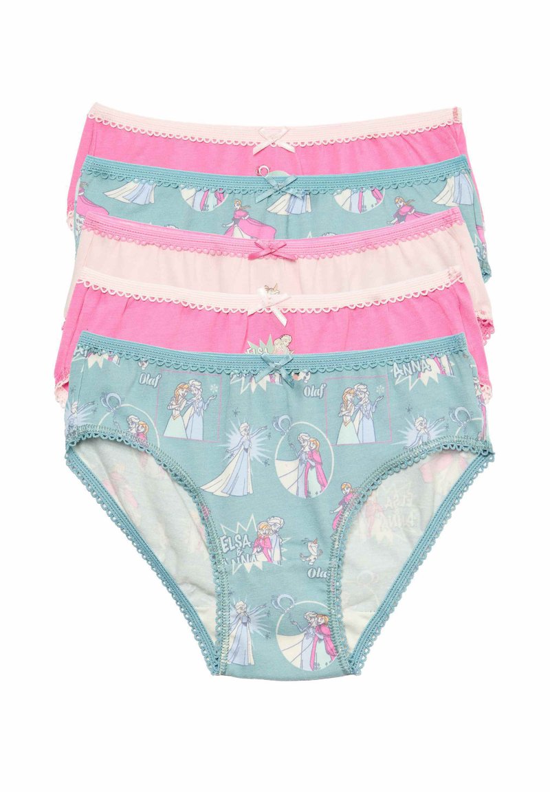 Set di quattro mutandine in cotone per bambine, nei colori rosa e blu, con stampe di personaggi dei cartoni animati, bordi in pizzo e decorazioni a fiocco sulla vita.