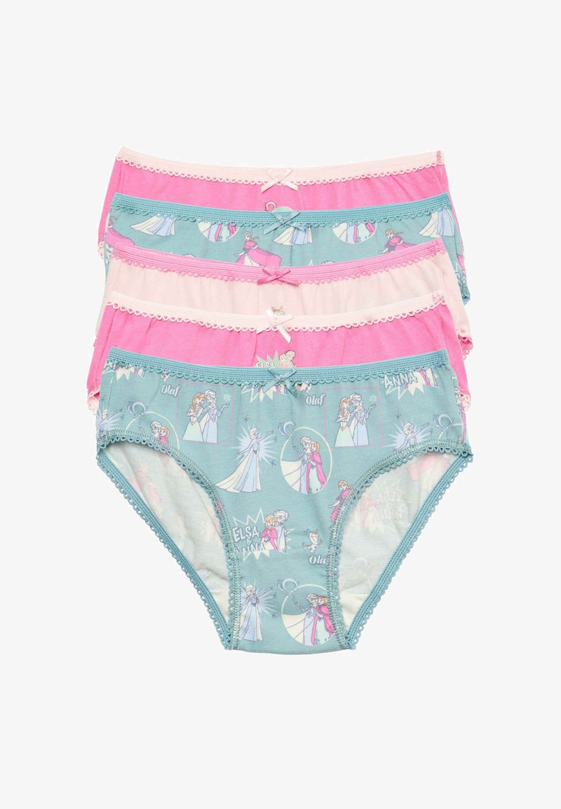 Set di quattro mutandine in cotone per bambine, nei colori rosa e blu, con stampe di personaggi dei cartoni animati, bordi in pizzo e decorazioni a fiocco sulla vita.