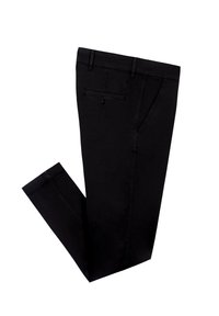 Zwarte broek van katoen met een gladde textuur, met een voorzak, een achterzak met knoop en een recht model.