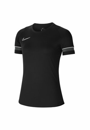 T-shirt de sport Nike Dri-FIT noir à manches courtes avec logo Swoosh blanc et bandes réfléchissantes sur les manches, présenté sur fond blanc uni.