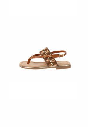 Sandali piatti marroni con cinturini sottili, caratterizzati da un design intrecciato e dettagli metallici. La soletta è leggermente imbottita con finiture dorate.
