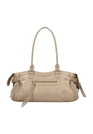 Beige leren handtas met lange dubbele hengsels, voorkant ritsvak, zijgespen details en gestikte accenten op de onderste hoeken.