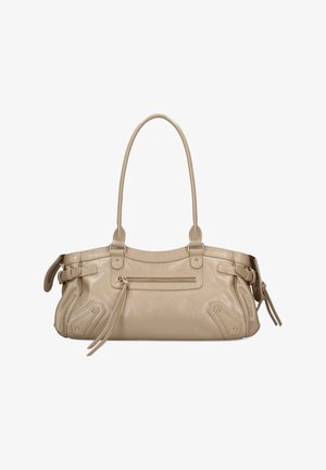 Beige leren handtas met lange dubbele hengsels, voorkant ritsvak, zijgespen details en gestikte accenten op de onderste hoeken.