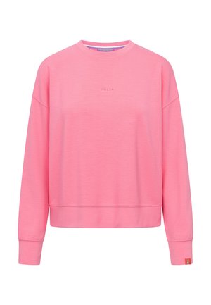 Pink long-sleeve crewneck sweatshirt with "Frieda" embossed on the chest and a small orange tag on the left cuff.