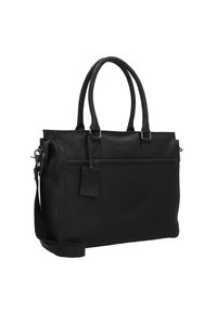 Bolso tote de piel negra con asas superiores duales, correa de hombro desmontable, compartimento principal con cremallera y superficie texturizada.