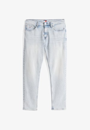 Light blue slim-fit jeans with five pockets, button closure, and subtle fading on thighs, laid flat on white background.
