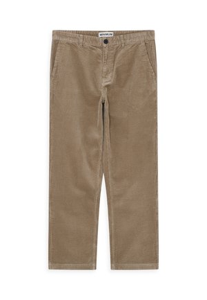 Gaiši brūni korduroja bikses. Tām ir vertikālas ribas, pogas aizdare un sānu kabatas, kā arī taisns griezums.