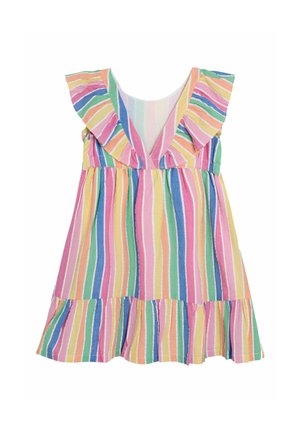 Striped sleeveless dress with a V-neck and ruffled shoulder accents. Features pastel colors including pink, yellow, green, and blue.