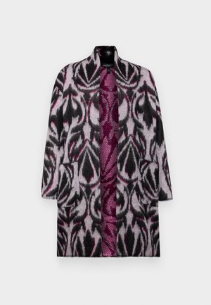 Cardigan mit einem schwarz, grau und pinken Blumenmuster, aus strukturiertem Stoff, mit offenem Vorderteil, weiten Ärmeln und Fronttaschen.