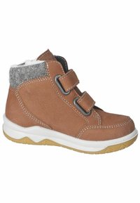 Stivali ankle in pelle marrone con due fasce in Velcro, colletto in feltro grigio, sole bianco e tomaia testurizzata; presenta cuciture bianche a contrasto.