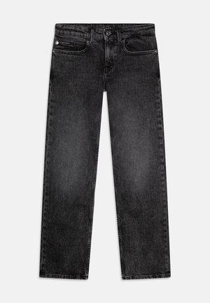 Mustadest denimist püksid sirge jala disainiga, nähtava õmblusega, viie tasku ja klassikalise metallsulgedega.