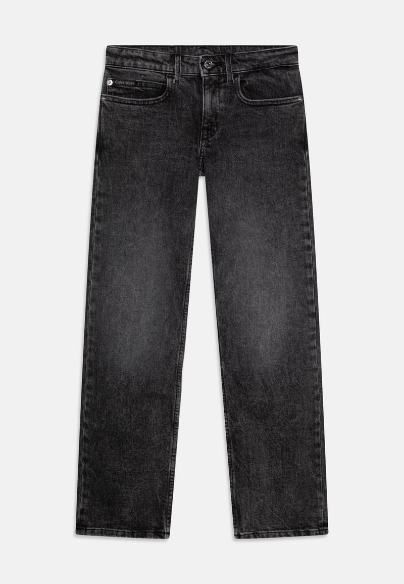 Jeans de ganga preta com um design de perna reta, apresentando costura visível, cinco bolsos e um fecho metálico clássico.