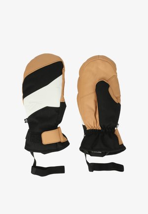 Par af beige, sorte og hvide isolerede vanter med justerbare håndledsremme og stofsløjfer på en hvid baggrund.