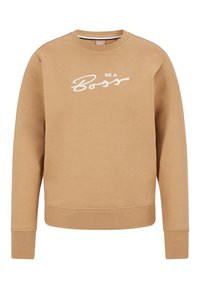 Sudadera marrón hecha de tela suave, con cuello redondo y mangas largas. Texto "BE A BOSS" bordado en blanco en la parte delantera.