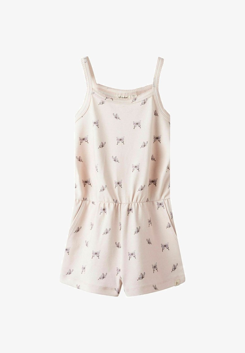 Svetlo roza kombinezon iz mehkega materiala z motivom metuljev po celotni površini. Ima tanke naramnice in elastičen pas s stranskima žepoma.