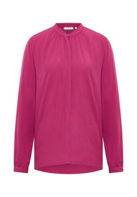 Camicia a maniche lunghe di un fucsia intenso con colletto rialzato, dettaglio di pieghe frontali e chiusura con bottoni. Tessuto liscio; silhouette dal fit rilassato.